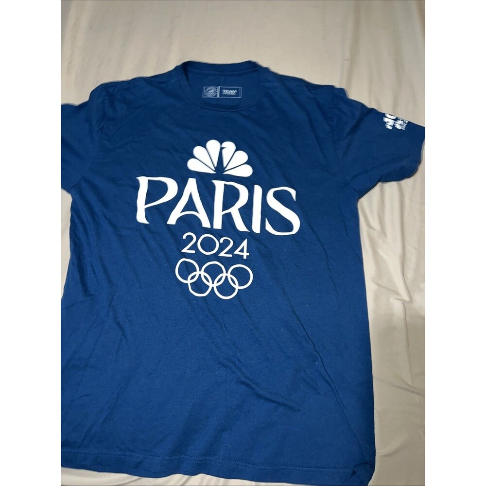 Paris 2024 Olympics T-Shirt Medium Blue Graphic Tee Sportswear With Olympic Ring